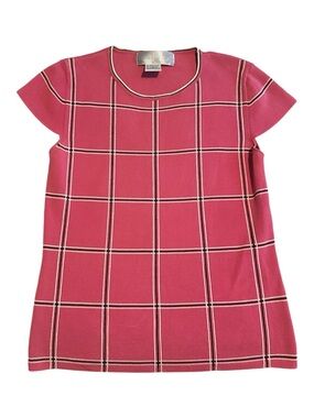 Kenneth Miller Pink Plaid Crewneck Short Sleeve Sweater Knit Top Size S